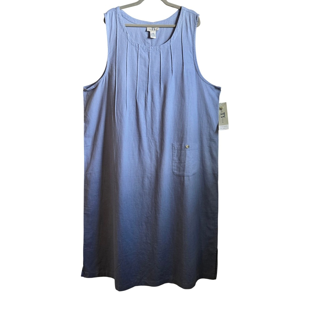Original TY Wear Blue Linen Blend Pintuck Sleeveless Midi Shift Dress  24W NWT